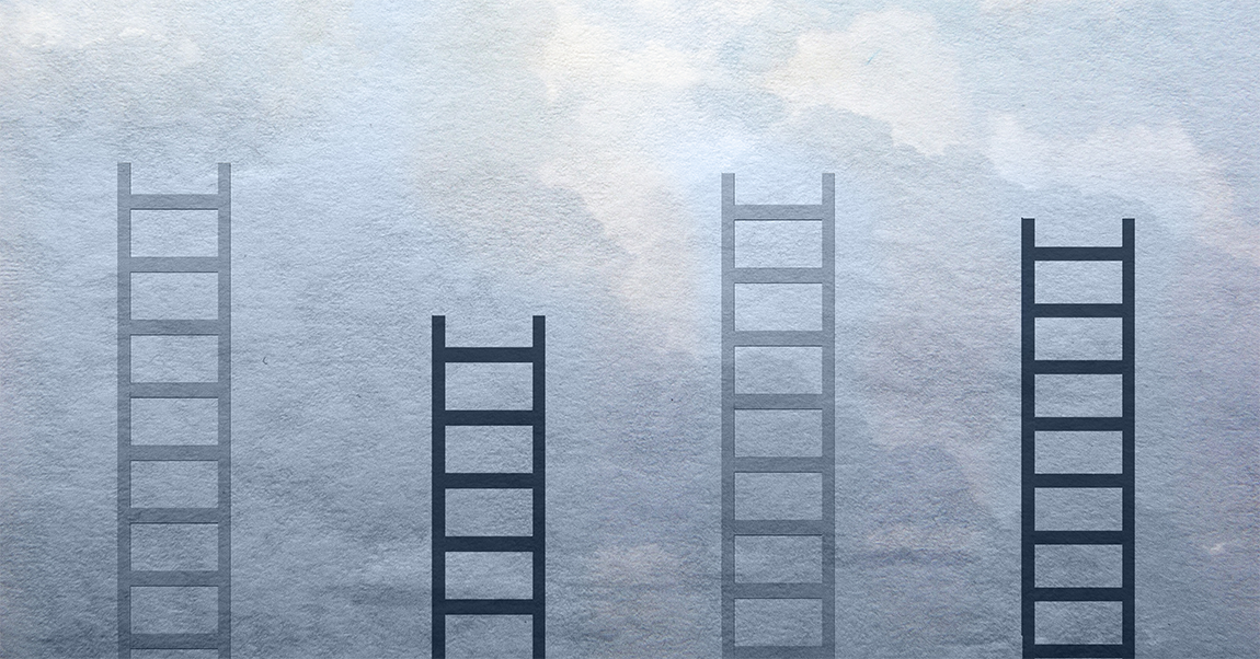 Several ladders on blue background that looks like the sky
